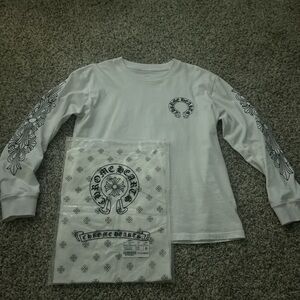 Chrome Hearts Mens White Long Sleeve Tee with Black Graphics